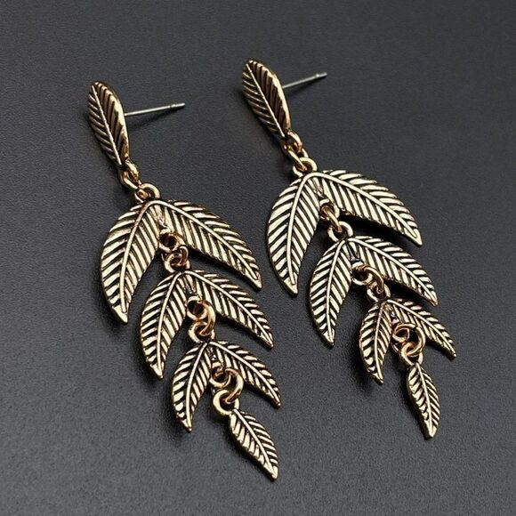 Bronze Dangling Detailed Leaf Boho Vintage Style Post Back Drop Earrings - Picture 3 of 10